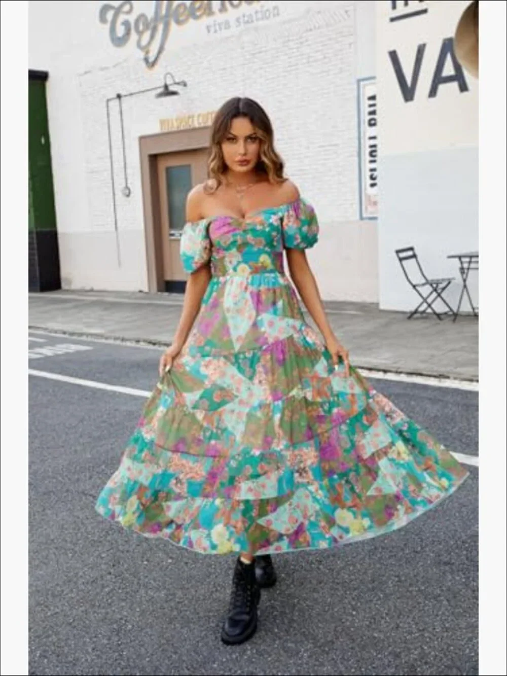 Womens Floral Maxi Dress V Neck Puff Sleeve Bohemian Casual Summer Bloomcore - Picture 4 of 4